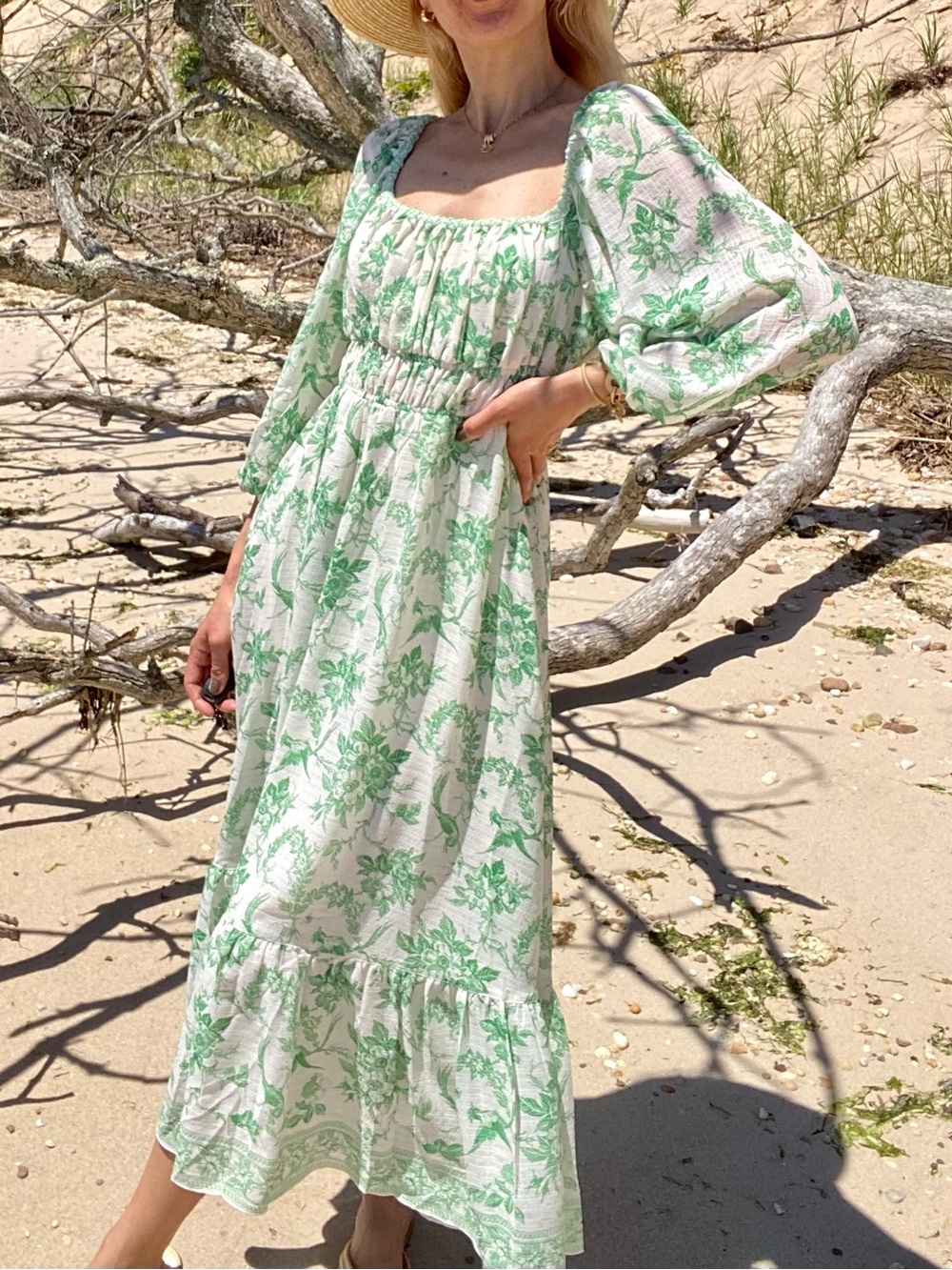 MAX STUDIO Boho Green Floral Peasant Midi Dress! 🍃
